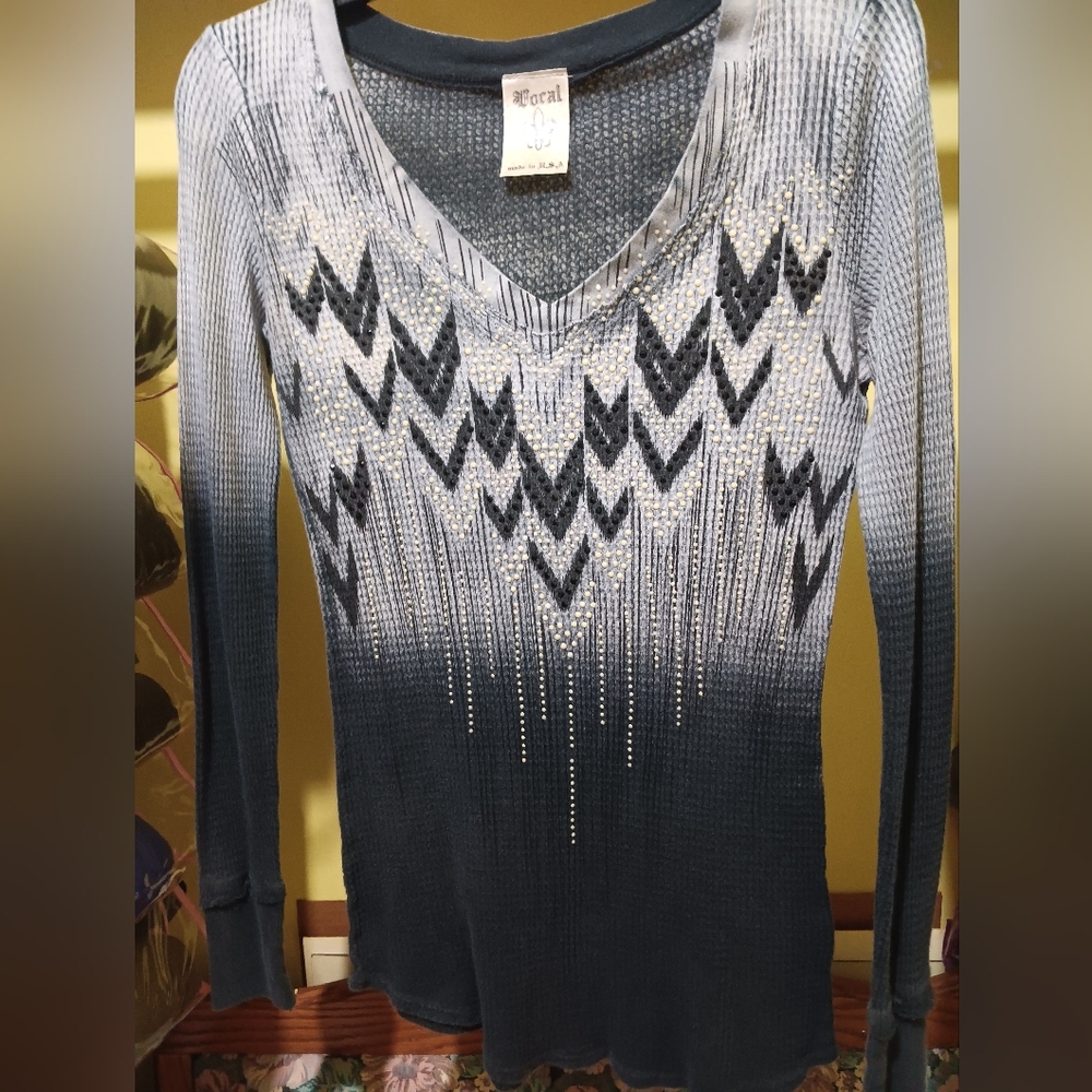 Blue and Gray Long Sleeve Top Jewled